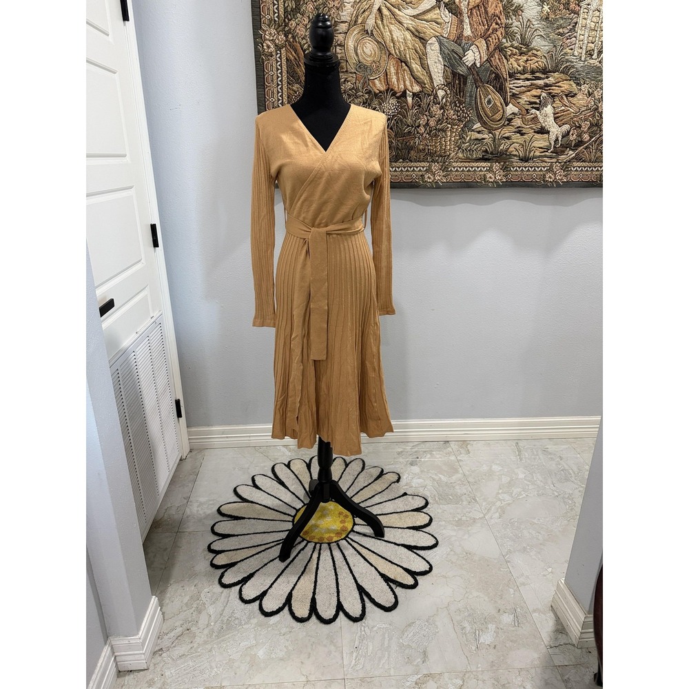 Zesica Dress Womens Small‎ Tan Ribbed Knit Wrap Belted Long Sleeve Midi